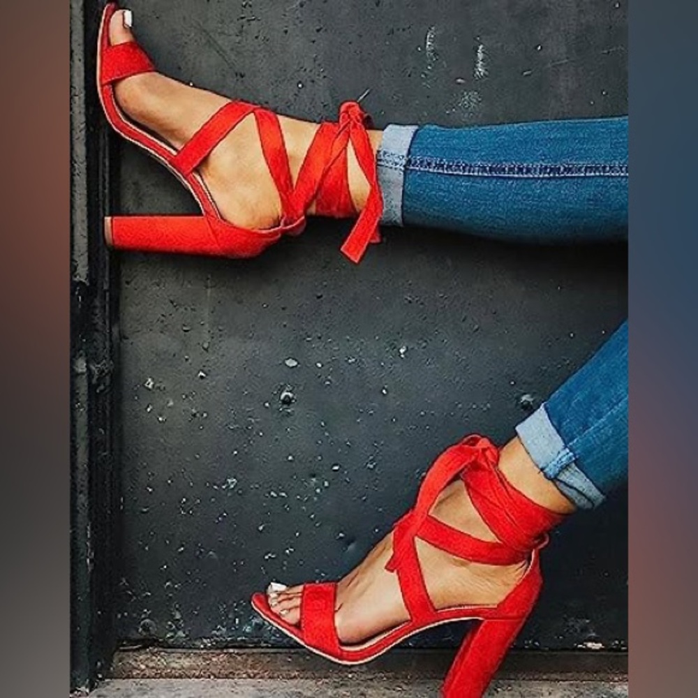 Red Suede Lace-Up Block Heels – Size 11